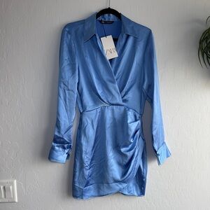 ZARA Blue Satin Mini Dress XS NWT Periwinkle Faux Wrap Long Sleeve Ruched Party